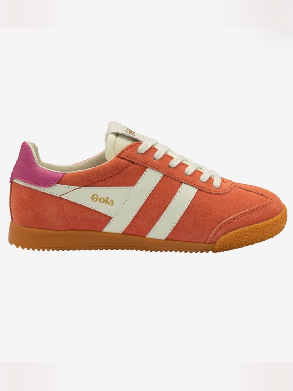 Gola Women's Elan Coral Suede Sneakers with Cream Stripes and Pink Heel
